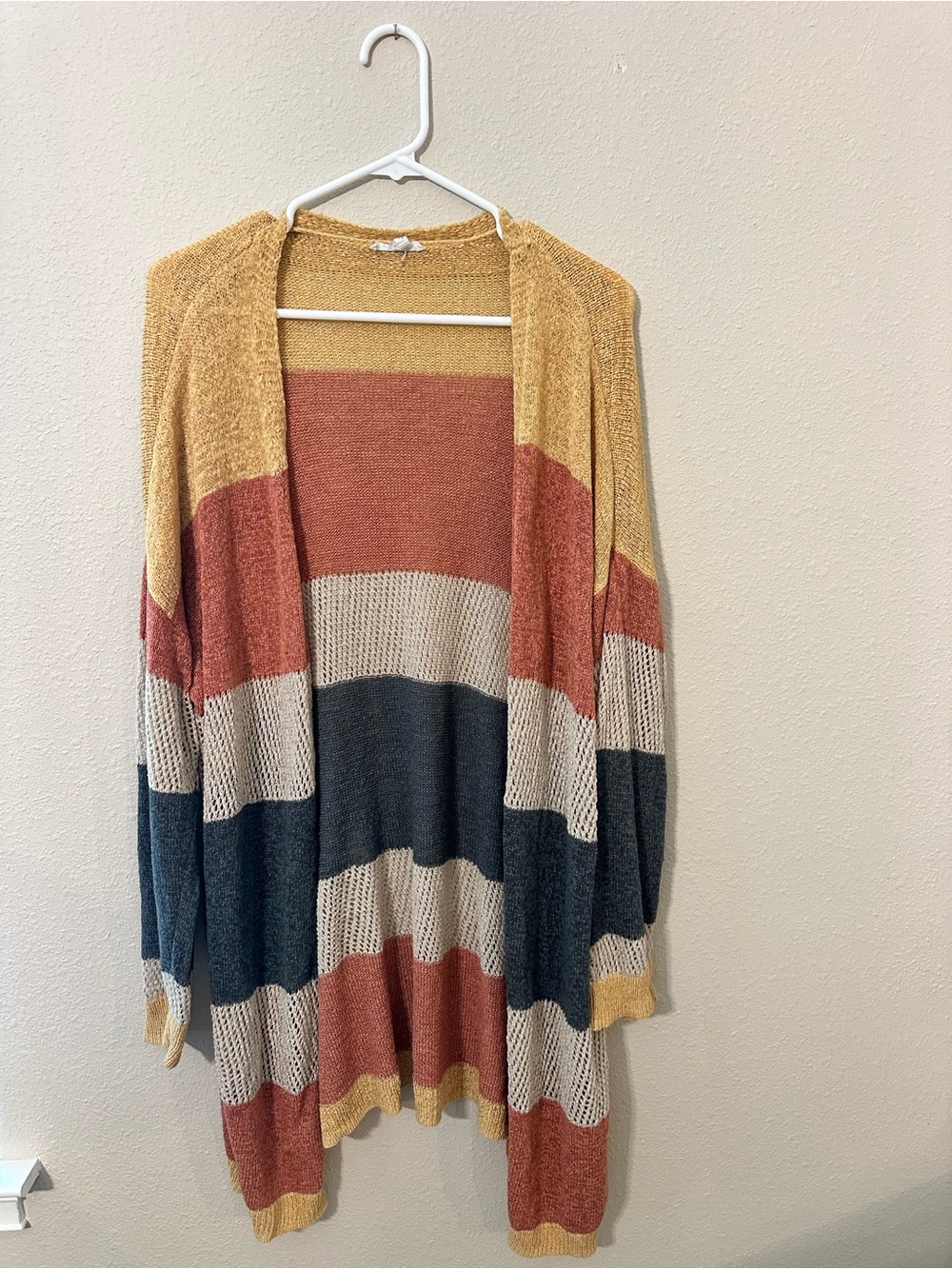 Striped Open-Front Knit Cardigan - Mustard, Rust, Cream, Navy